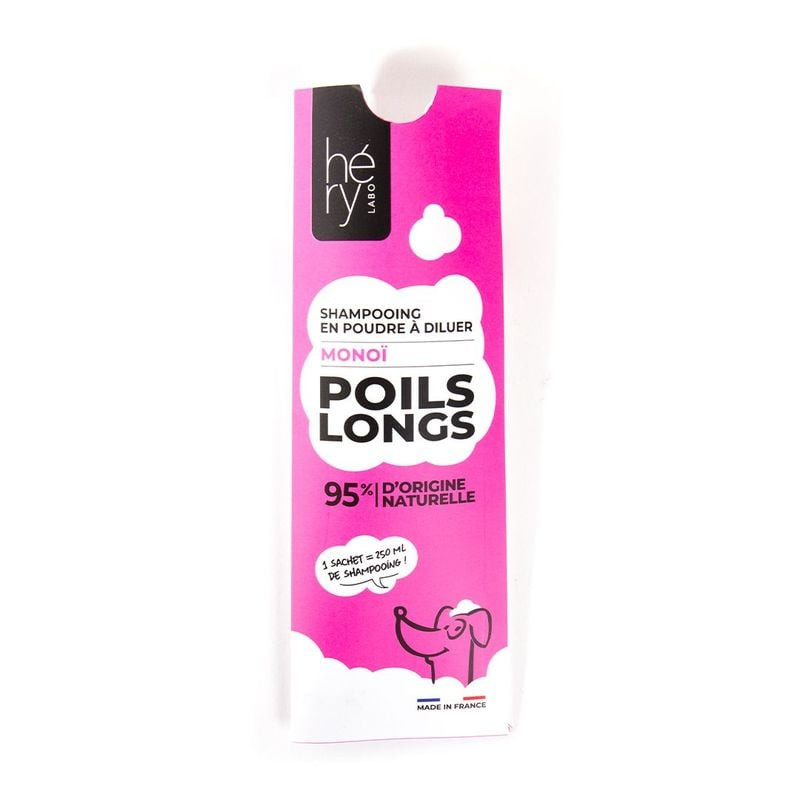 Shampooing en poudre Hery pour chiens à poils longs, enrichi au monoï. Sachet de 25g.