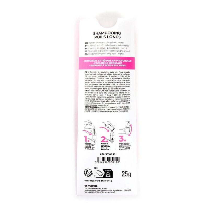 Verso de l'emballage du shampooing en poudre Laboratoires Héry : instructions de dilution et ingrédi