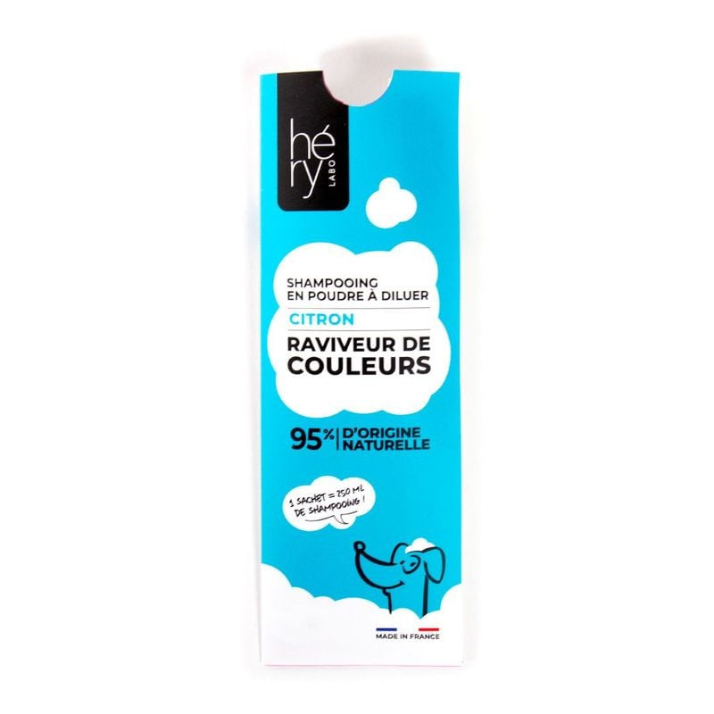 Vue avant du sachet de shampoing en poudre ravive-couleur Hery citron en emballage bleu avec illustr