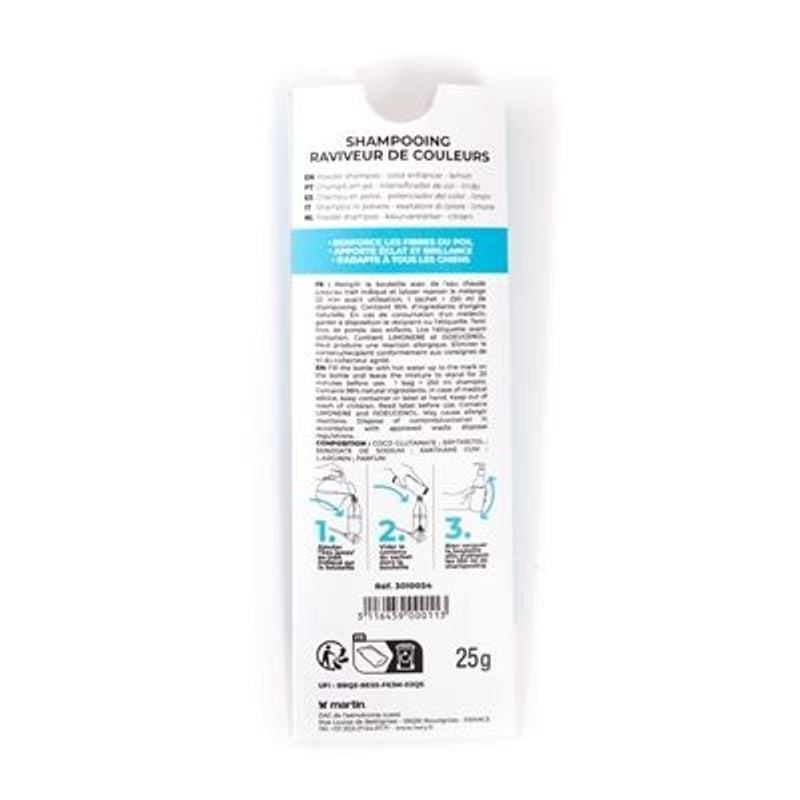 Vue arrière du sachet de shampoing en poudre Hery Citron montrant instructions, ingrédients, poids n