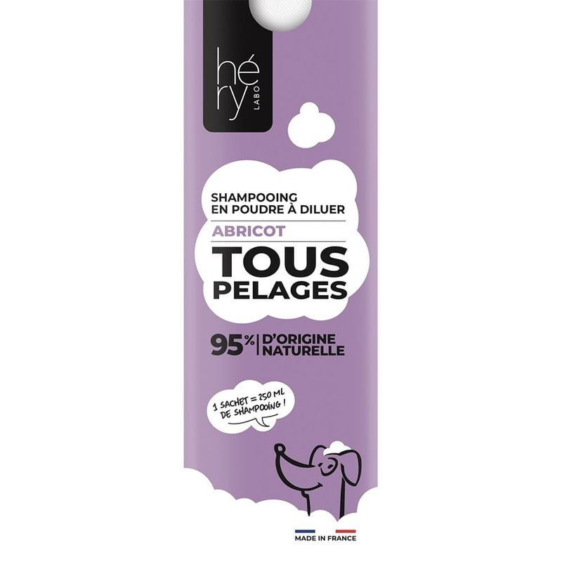 Vue avant du sachet de shampooing poudre à diluer Héry Laboratoires 1116008 à l'abricot, tous pelage