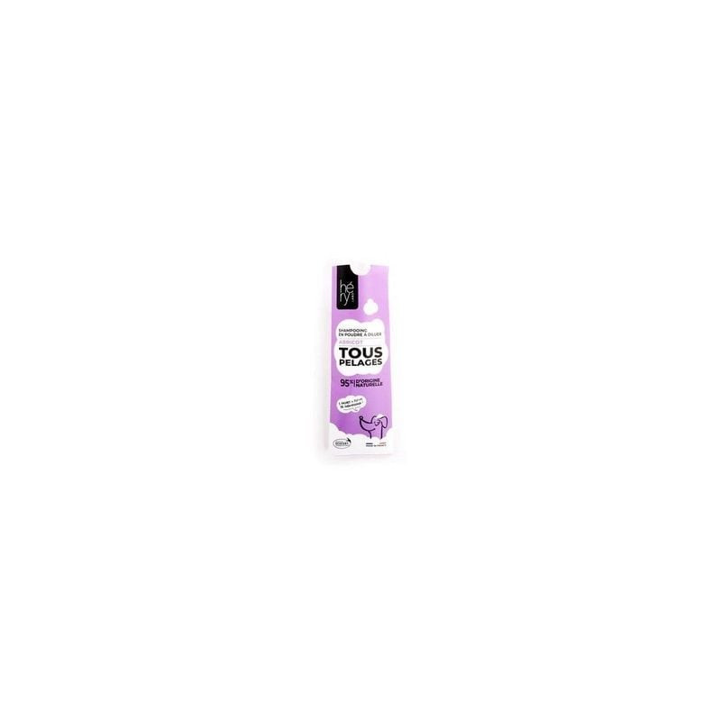 Vue de côté du sachet de shampooing poudre violet Héry 1116008, mettant en avant 'Tous Pelages', par