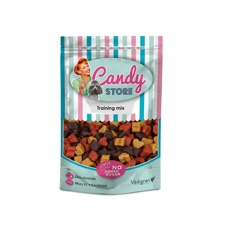 Sac refermable VADIGRAN Candy Training Mix avec femme et caniche, ouvert montrant friandises en form
