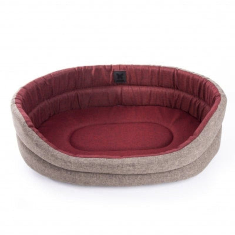 Corbeille ovale classique Martin Sellier rouge et gris, 90 cm de diamètre, extérieur gris, coussin i