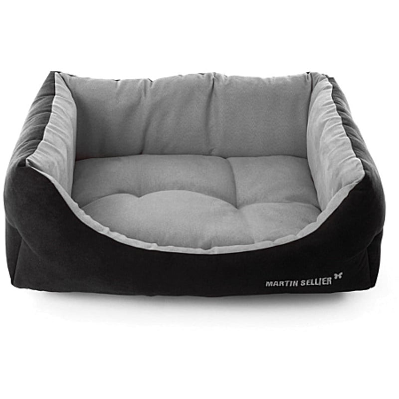 Martin Sellier Corbeille Domino en suédine noire extérieur avec coussin intérieur gris, design recta