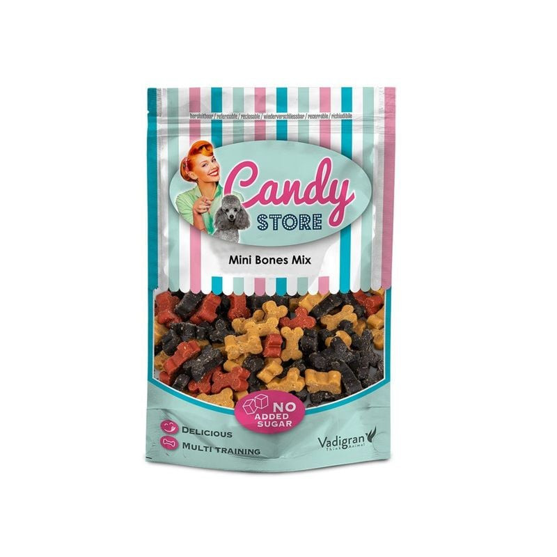 Packshot du sachet de friandises pour chien Vadigran Candy Mini Bones Mix 180g.