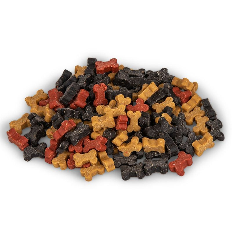 Gros plan sur les friandises molles Vadigran Candy Mini Bones Mix en forme d'os et aux couleurs vari