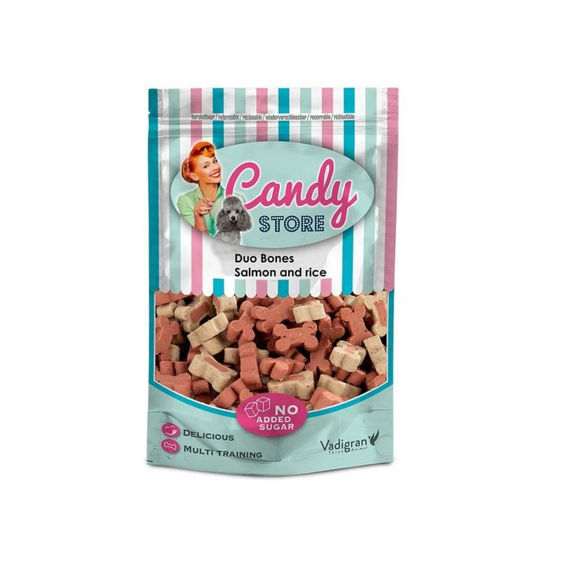 Vadigran Candy Duo Bones Saumon et Riz packshot de friandises pour chien montrant l'emballage avec s