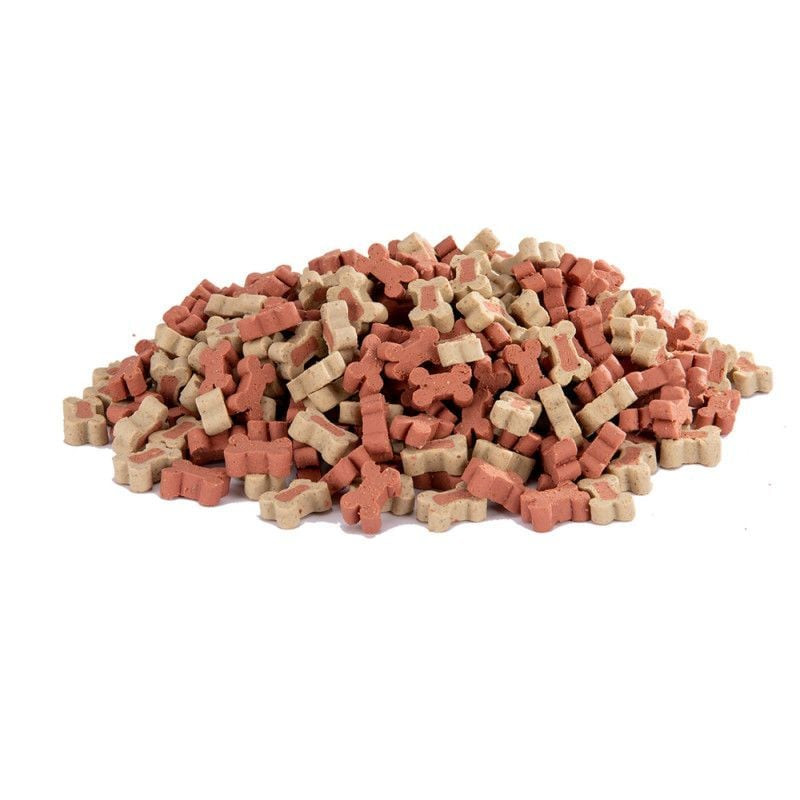 Gros plan sur les friandises pour chien Vadigran Candy Duo Bones Saumon et Riz : texture tendre et p