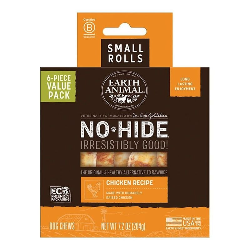Packshot des friandises pour chien Earth Animal No Hide au poulet montrant un sachet de 6 bâtonnets 