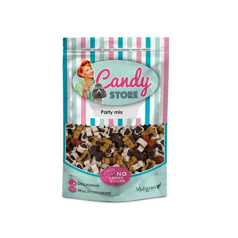 Packshot des friandises pour chien Vadigran Candy Party Mix, sachet coloré de récompenses moelleuses