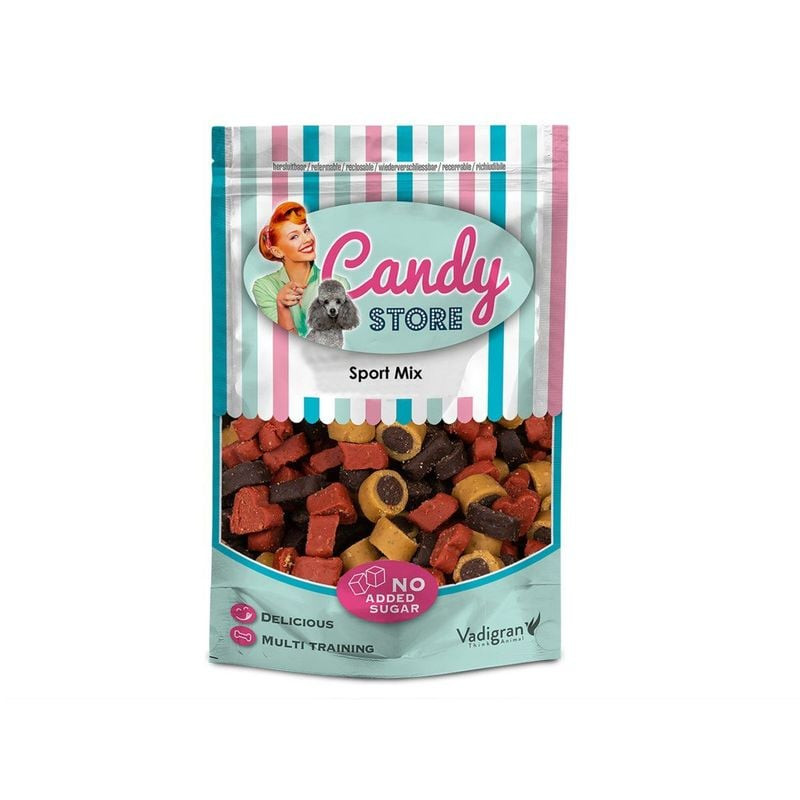 Packshot des friandises moelleuses VADIGRAN Candy Sport Mix pour chien, petits morceaux bruns dans u