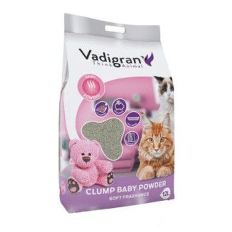 VADIGRAN 1969180, sac de 12 kg de litière agglomérante pour chat au parfum Baby Powder, présenté sur