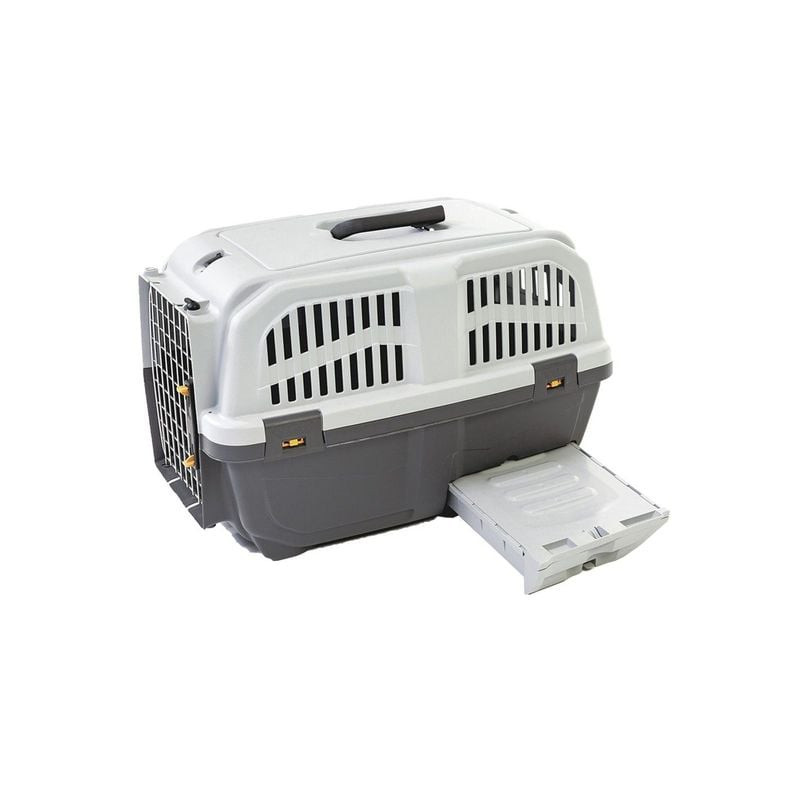 Vue de profil de la caisse de transport pour chat VADIGRAN Skudo Cat 60 cm en plastique, montrant la