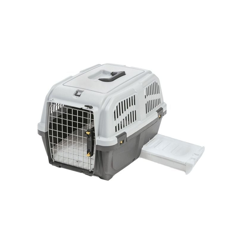 Vue ouverte de la caisse de transport pour chat VADIGRAN Skudo Cat 60 cm, intérieur et bac à litière