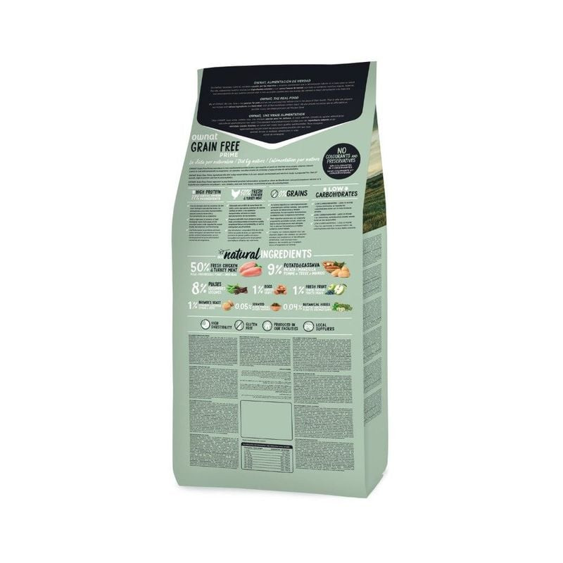 Verso du sac de croquettes Ownat Grain Free Adulte 12 kg : ingrédients, analyse nutritionnelle et gu