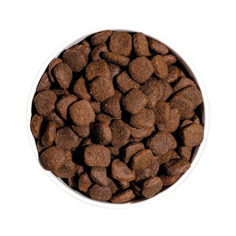 Gros plan sur des croquettes brunes Ownat Grain Free Adulte poulet et dinde dans un bol blanc