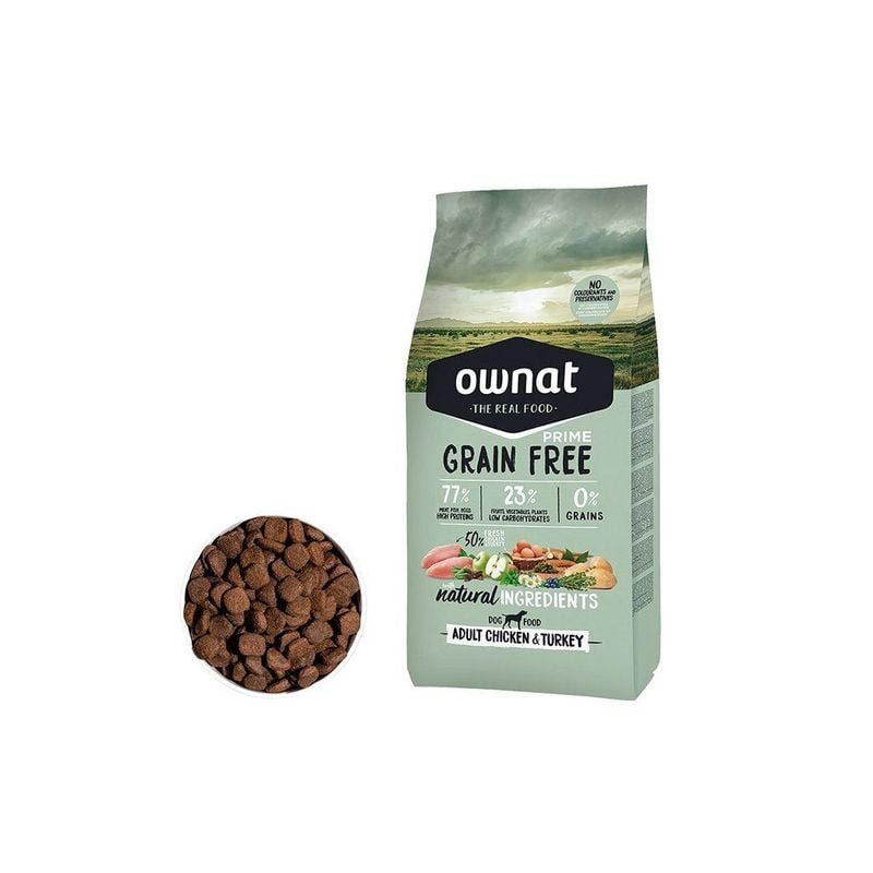 Sac Ownat Grain Free Adulte 12 kg, face avant, avec croquettes poulet et dinde dans un bol à côté
