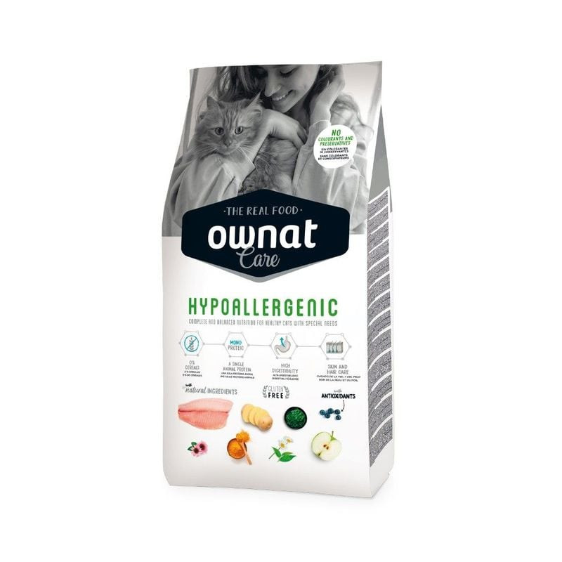 Packshot du sachet Ownat Care Hypoallergenic croquettes chat poisson 1,5 kg