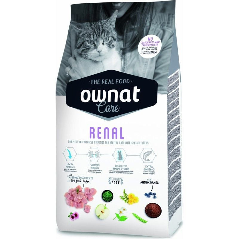 Face avant du sac de croquettes Ownat Care Renal 3 kg pour chat, avec un chat, icônes soins rénaux, 