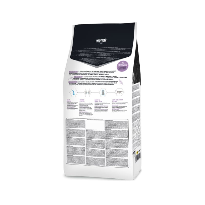 Vue arrière du sac Ownat Care Renal 3 kg : guide d’alimentation, icônes de bienfaits et mentions mul