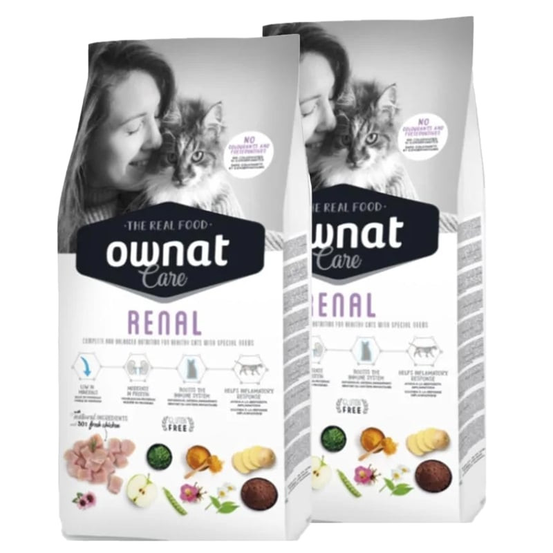 Deux sacs de croquettes Ownat Care Renal 3 kg côte à côte, avec image de chat et icônes bienfaits ré