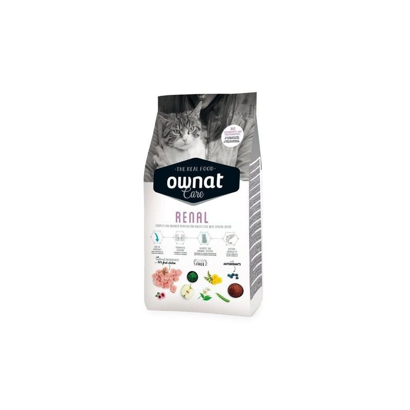 Face avant du sachet Ownat Care Renal 1,5 kg pour chat avec photo de chat et quatre icônes de bienfa