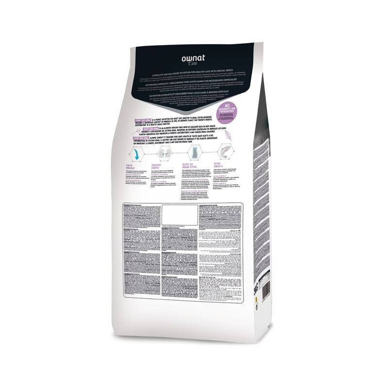 Dos du sachet de croquettes pour chat Ownat Care Renal 1,5 kg avec guide d'alimentation et bienfaits