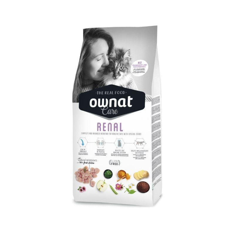Sac de croquettes Ownat Care Renal 1,5 kg pour chat, icônes soutien immunitaire et anti-inflammatoir