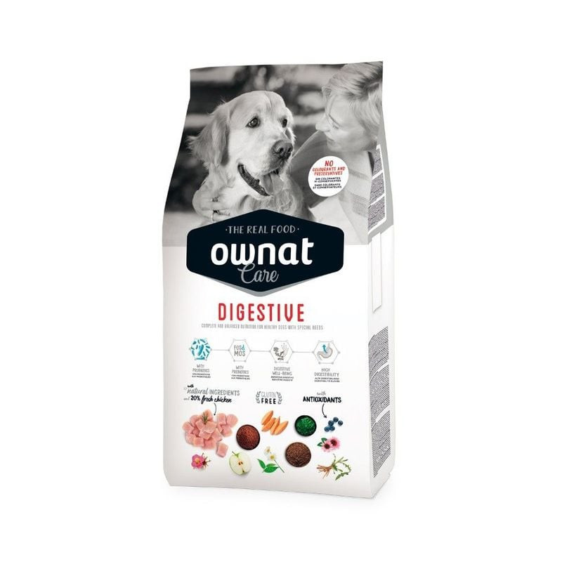 Face avant du sac de croquettes Ownat Care Digestive 10 kg, avec Golden Retriever et ingrédients.