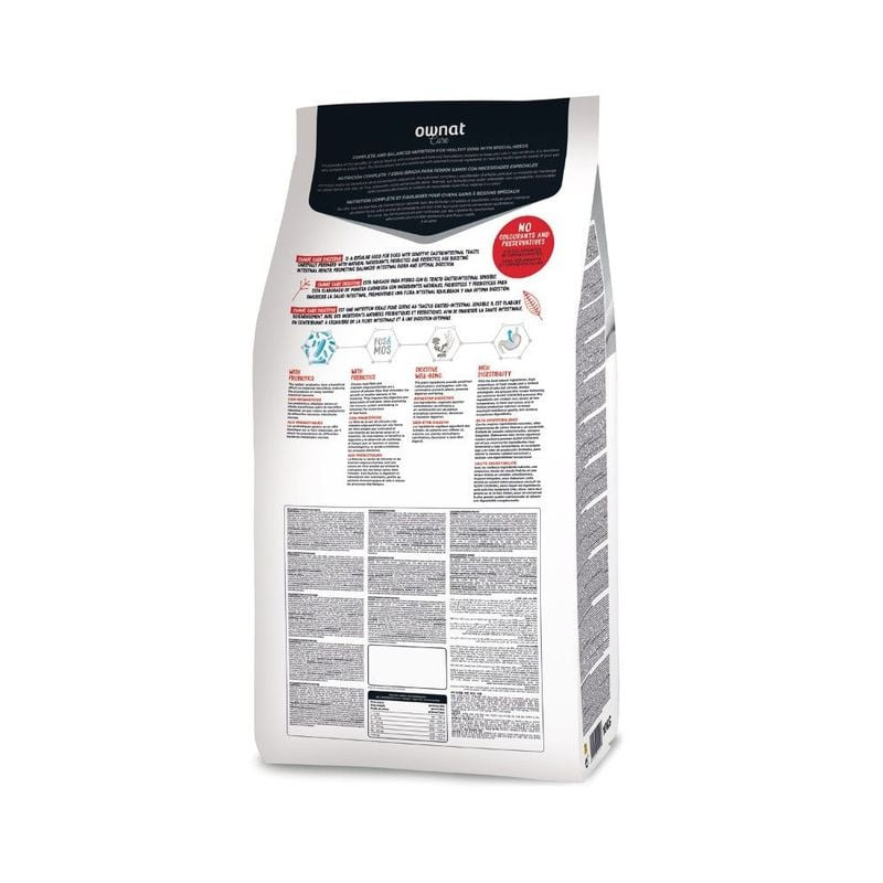 Dos du sac de croquettes Ownat Care Digestive avec guide d'alimentation, ingrédients et infos nutrit