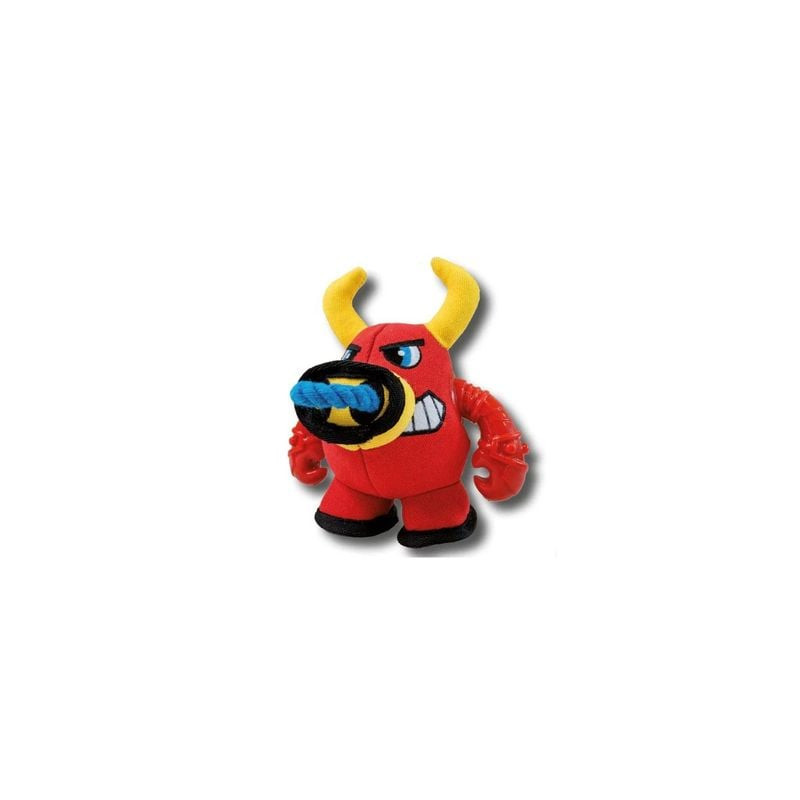 Vue complète du jouet chien peluche Croci Warriors Buffalo rouge avec cornes jaunes, corde bleue et 