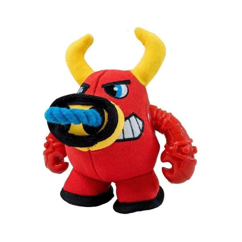 Jouet chien en peluche Croci Warriors Buffalo rouge avec cornes jaunes, nez en corde bleu et bras TP