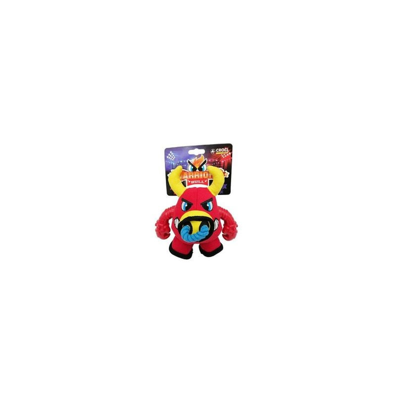 Jouet chien peluche Croci Warriors Buffalo sous emballage : corps rouge, cornes jaunes, corde bleue 