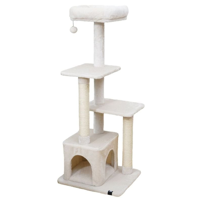 Arbre à chat crème Oklahoma avec poteaux sisal, plateformes peluche, maisonnette à deux ouvertures e