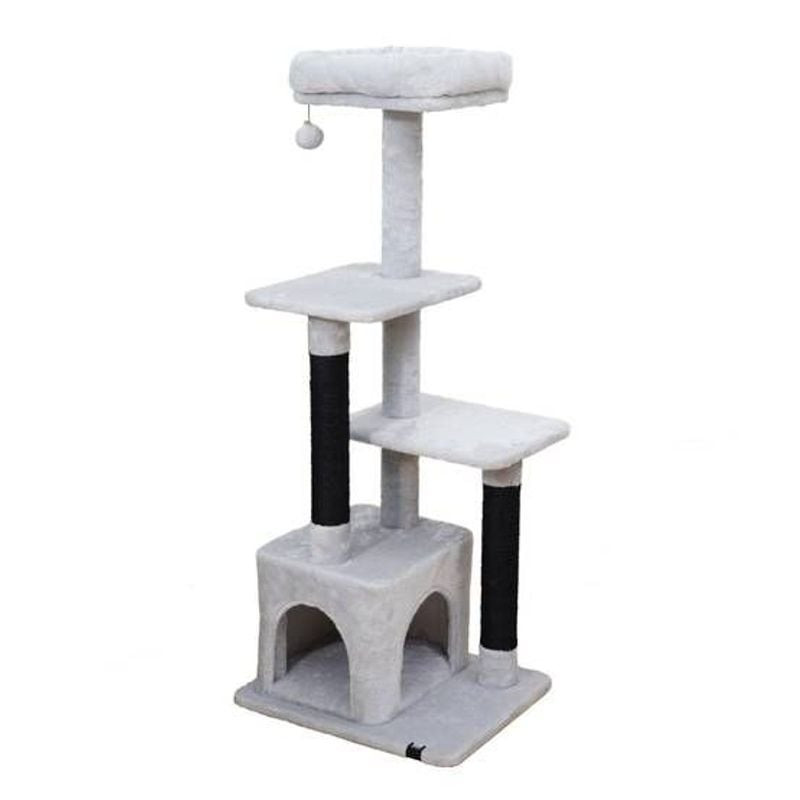Arbre à chats DUVO Oklahoma gris 120 cm, poteaux sisal, plateformes peluche, panier, maisonnette et 