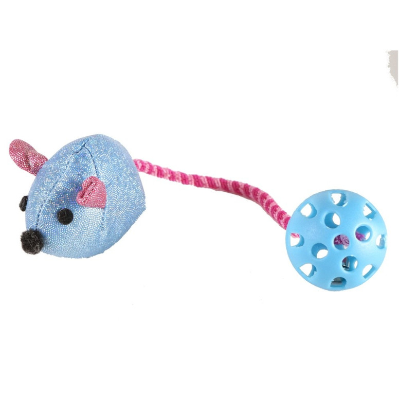 Jouet chat souris avec balle elastique bleu 7cm