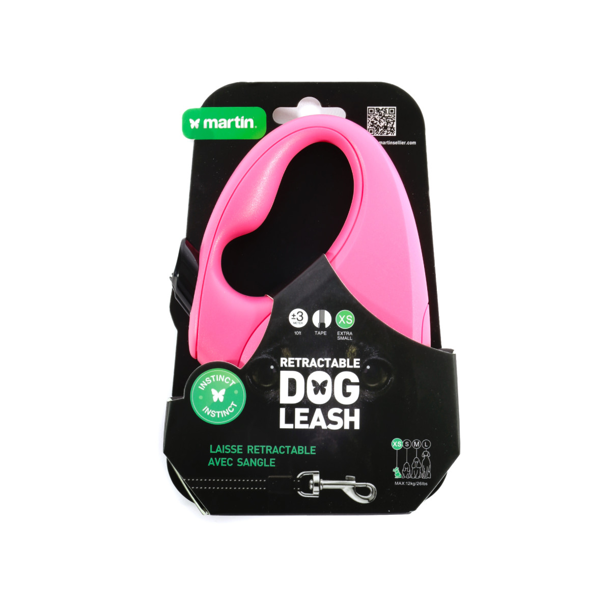 Laisse rétractable Martin Sellier Instinct Sangle rose XS (3m) pour chien et chat