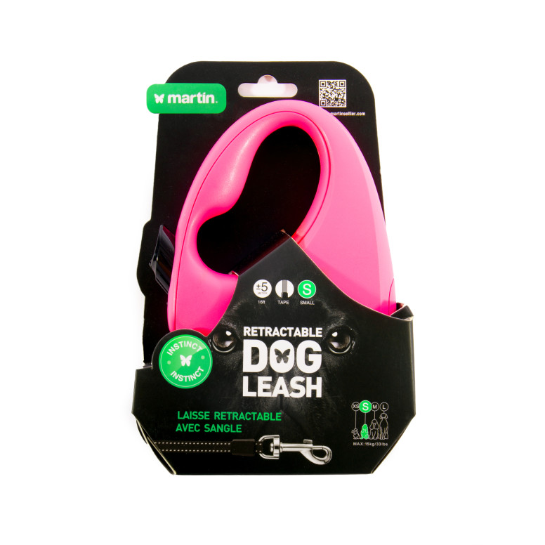 Laisse rétractable Martin Sellier Instinct Sangle rose S (5m) pour chien et chat