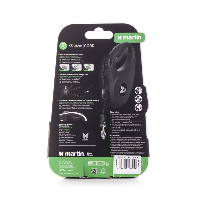 Laisse retractable instinct corde xs noir 3m