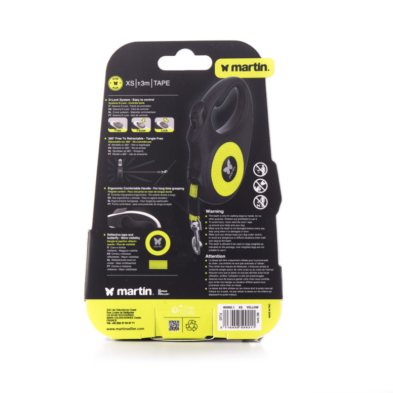 Laisse retractable fluo sangle xs jaune 5m