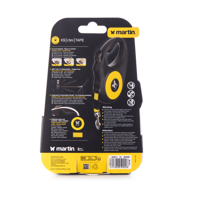 Laisse retractable fluo sangle xs orange 5m