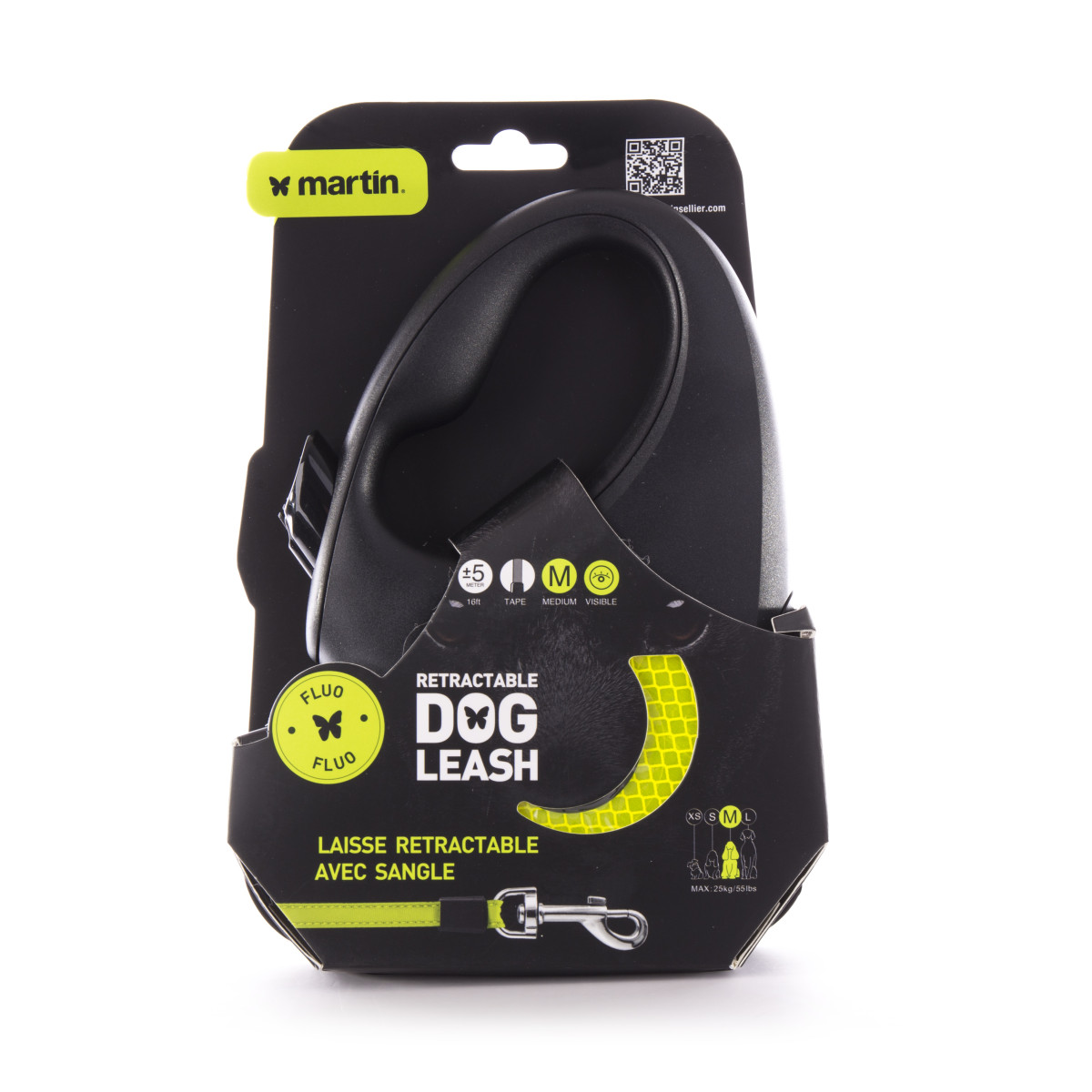 Laisse retractable fluo sangle m jaune 5m