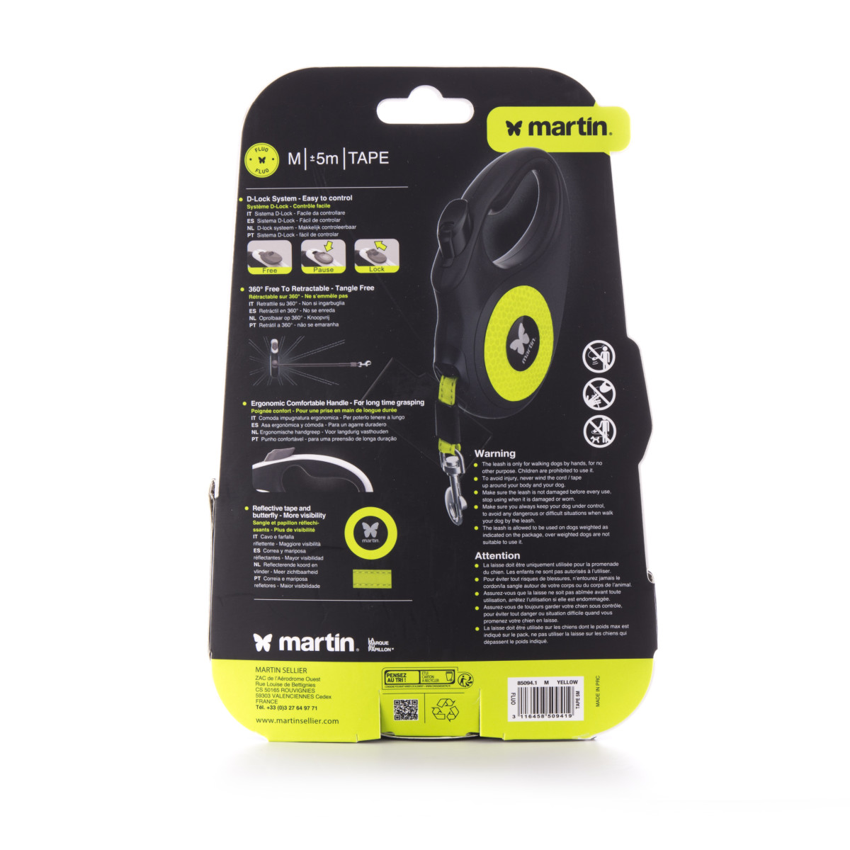 Laisse retractable fluo sangle m jaune 5m