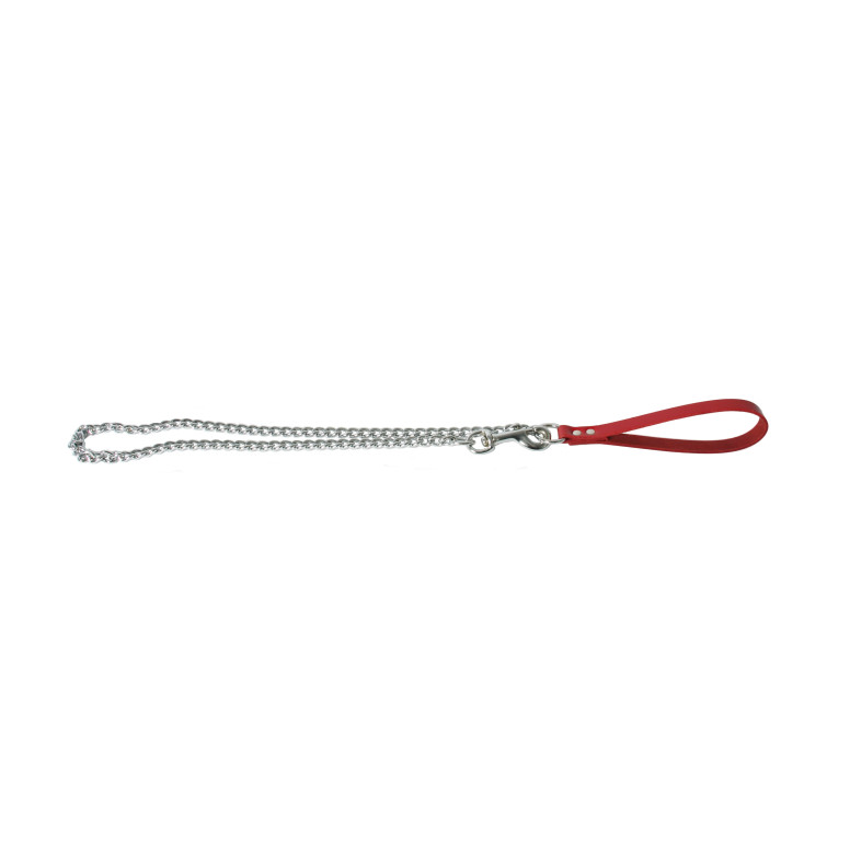 Laisse chaine poignee cuir 100cm rouge 3mm