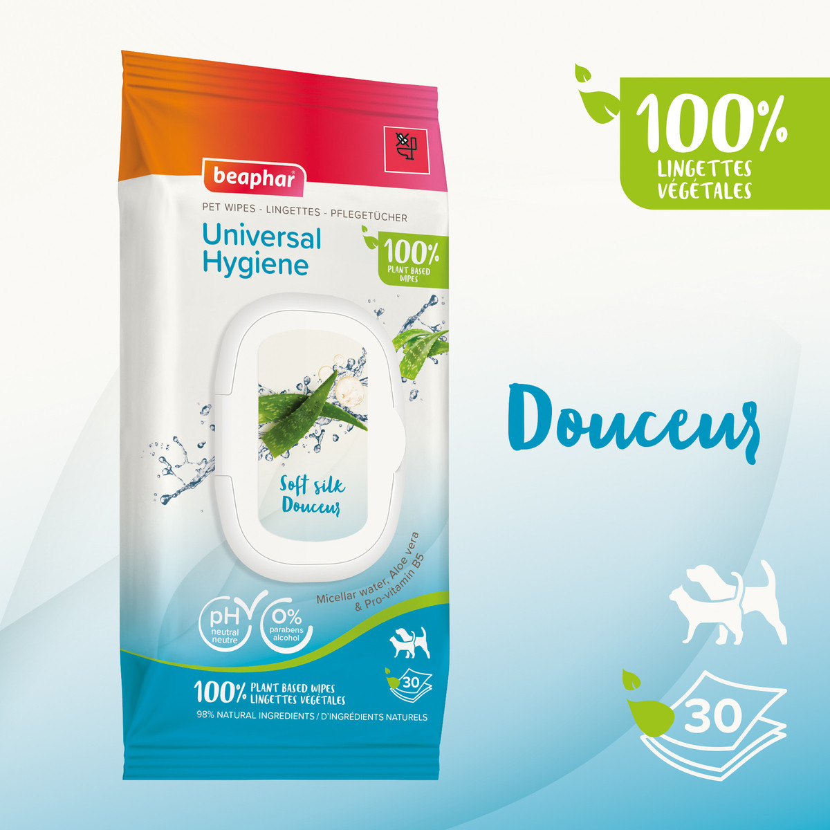 Beaphar lingettes végétales universelles pour nettoyage animal x30