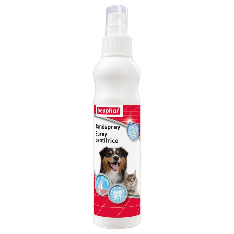 Beaphar Tandenspray 150 ml pour chiens et chats, flacon spray blanc avec branding rouge.