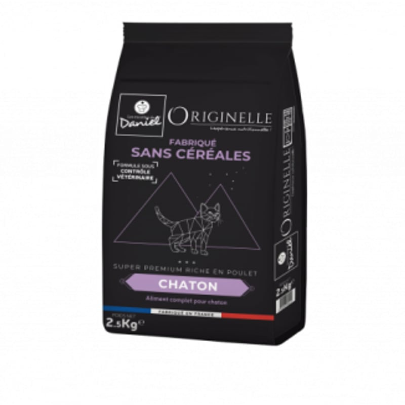 Les Recettes de Daniel croquettes chaton sans céréales super premium 2,5 kg sac noir étiquettes viol