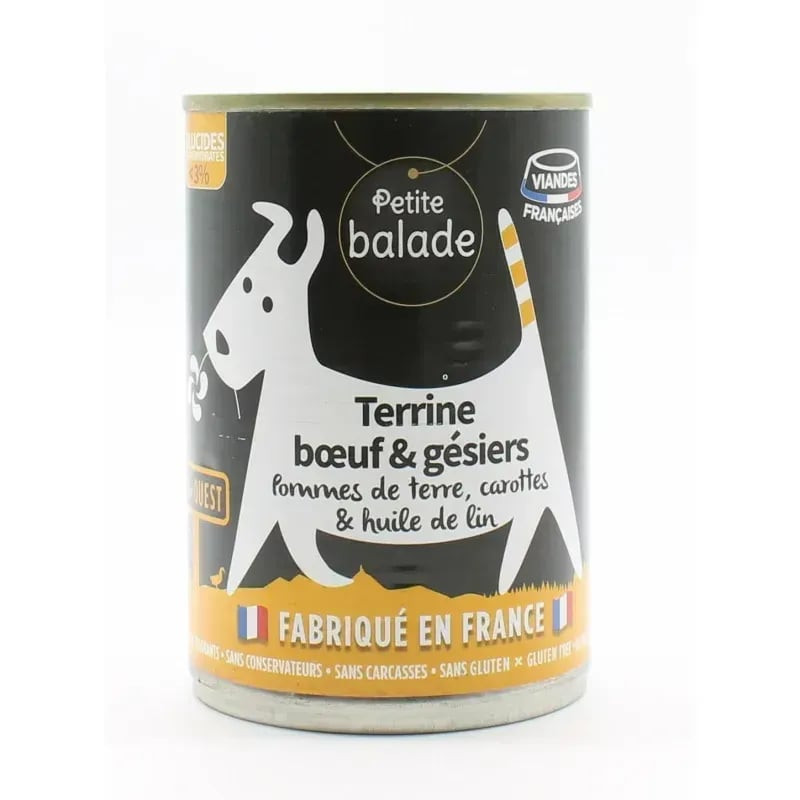 Les Recettes de Daniel Petite balade terrine pour chien bœuf et gésiers, fabriquée en France.