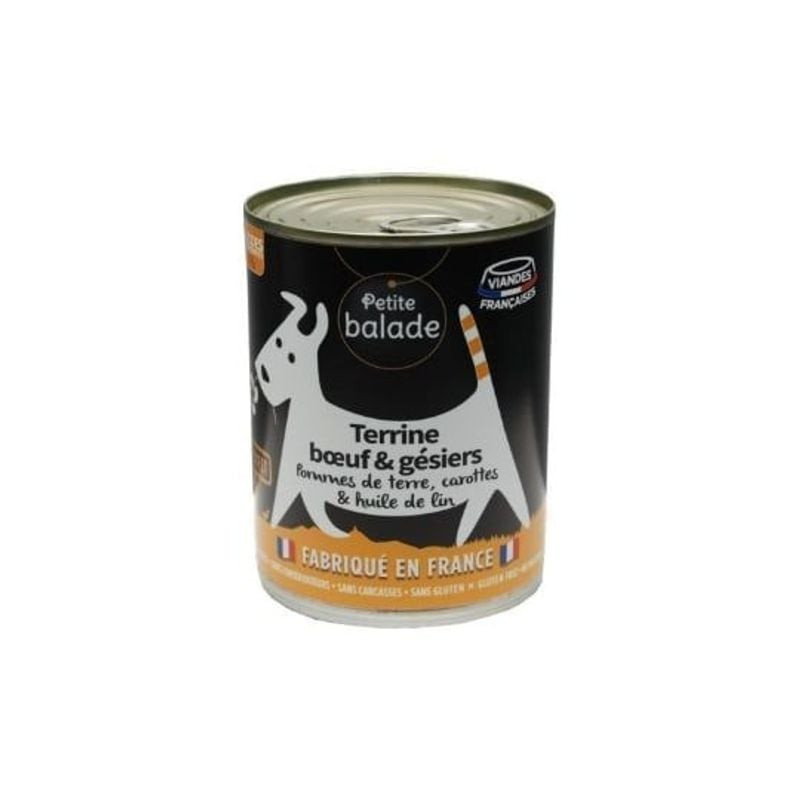 Gros plan sur la boîte Les Recettes de Daniel Petite balade pâtée pour chien bœuf et gésiers.